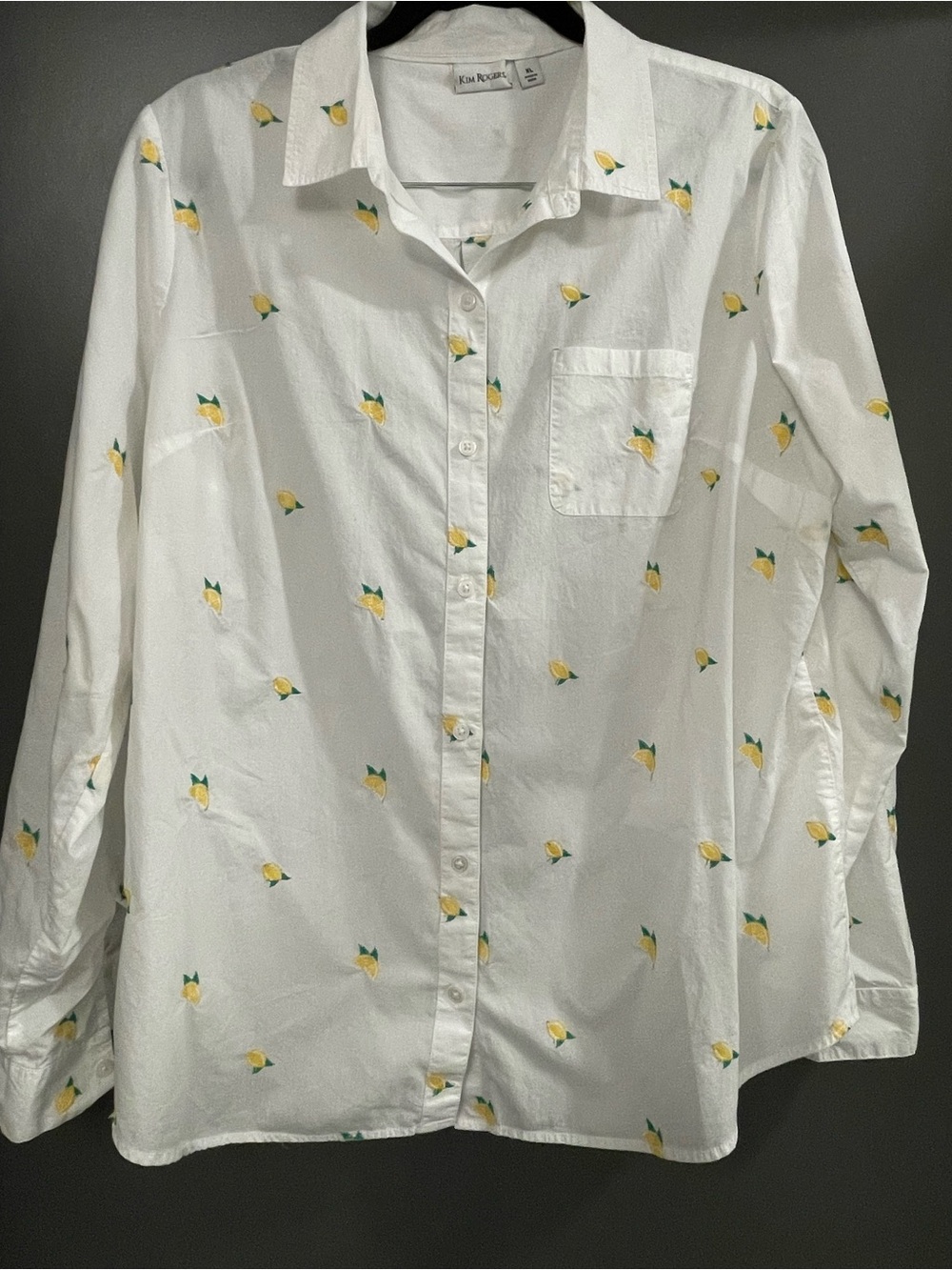 Kim Rogers White Button-Down Shirt with Yellow Lemon Motif